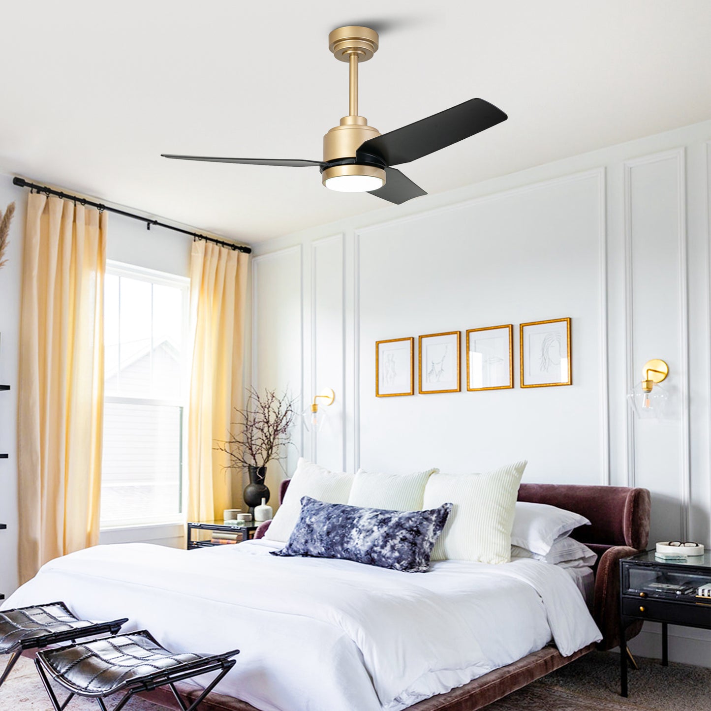 42" 3-Blade Modern Black & Gold Ceiling Fan with LED Light