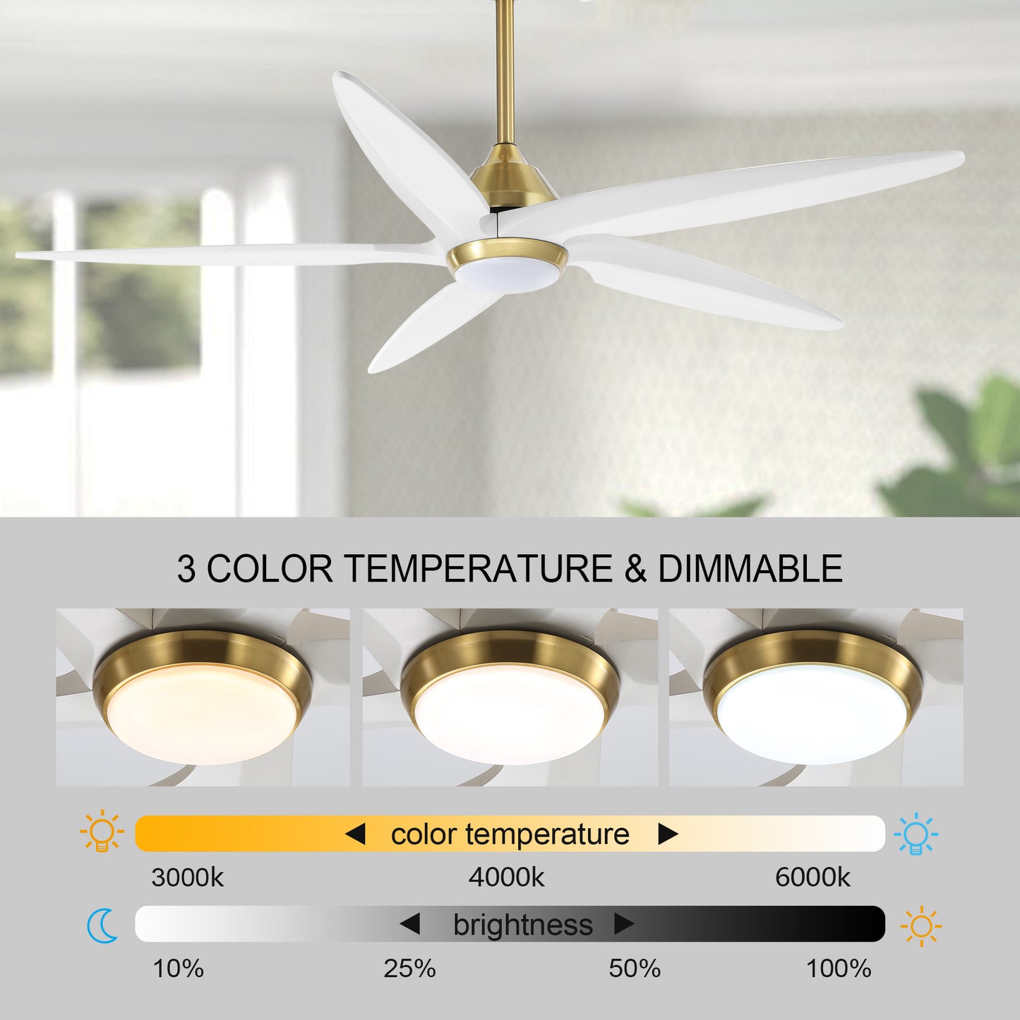 64" Gold and White Ceiling Fan with LED Light and Remote – Modern Large Room Fan