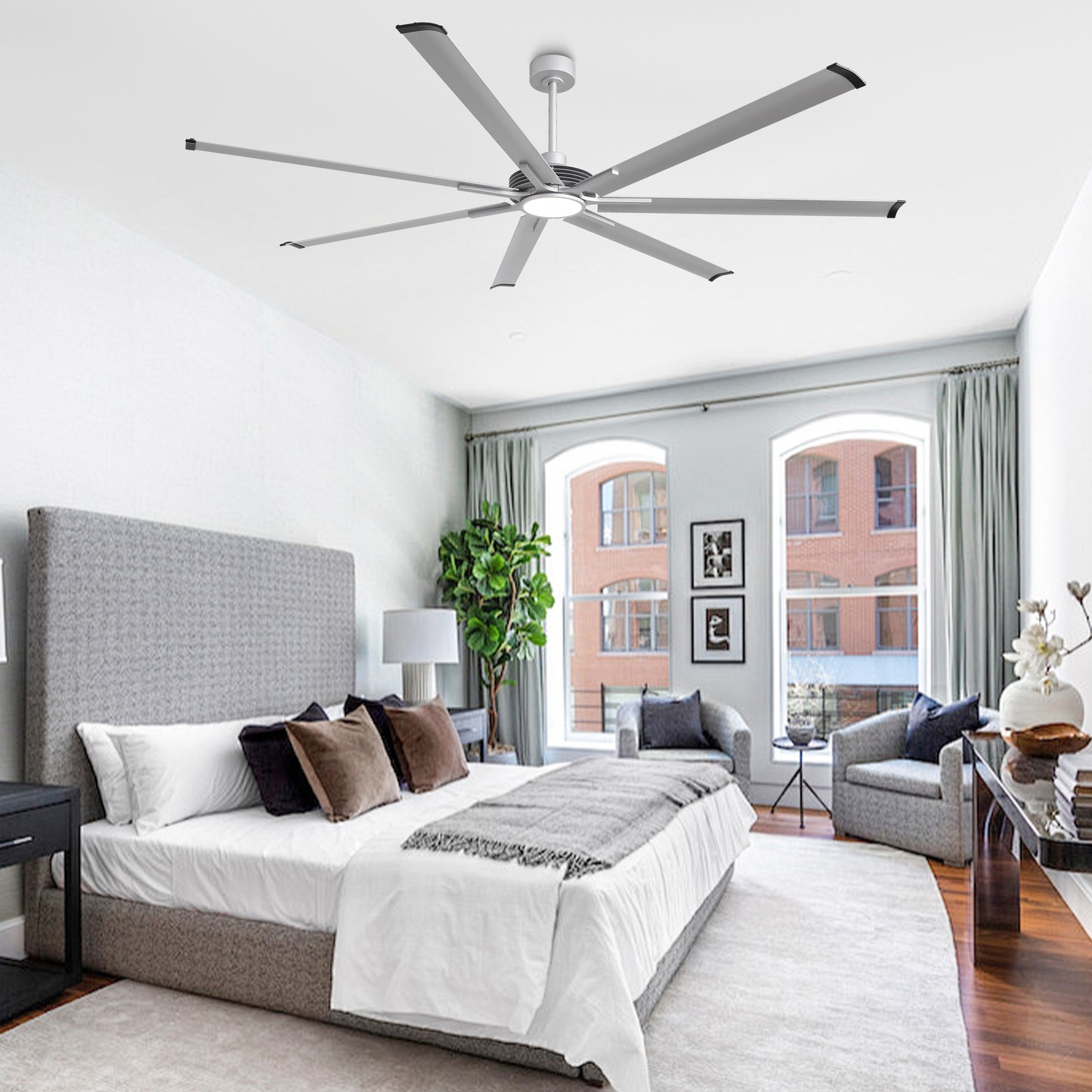 Ceiling Fan Industrial 100" Modern Silver 7-Blade LED Light