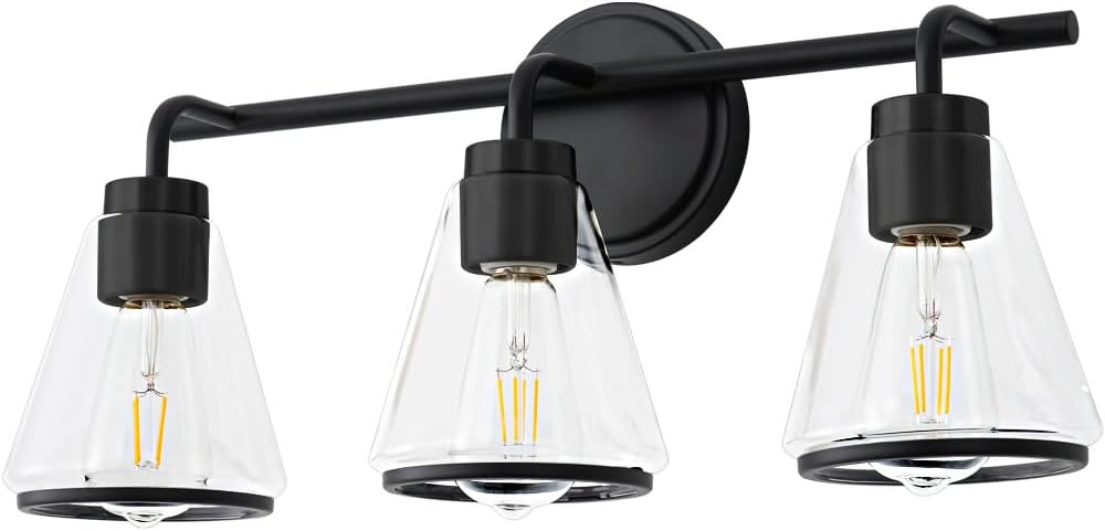3-Light Matte Black Bathroom Vanity Light with Clear Glass – Modern Wall Light Fixture