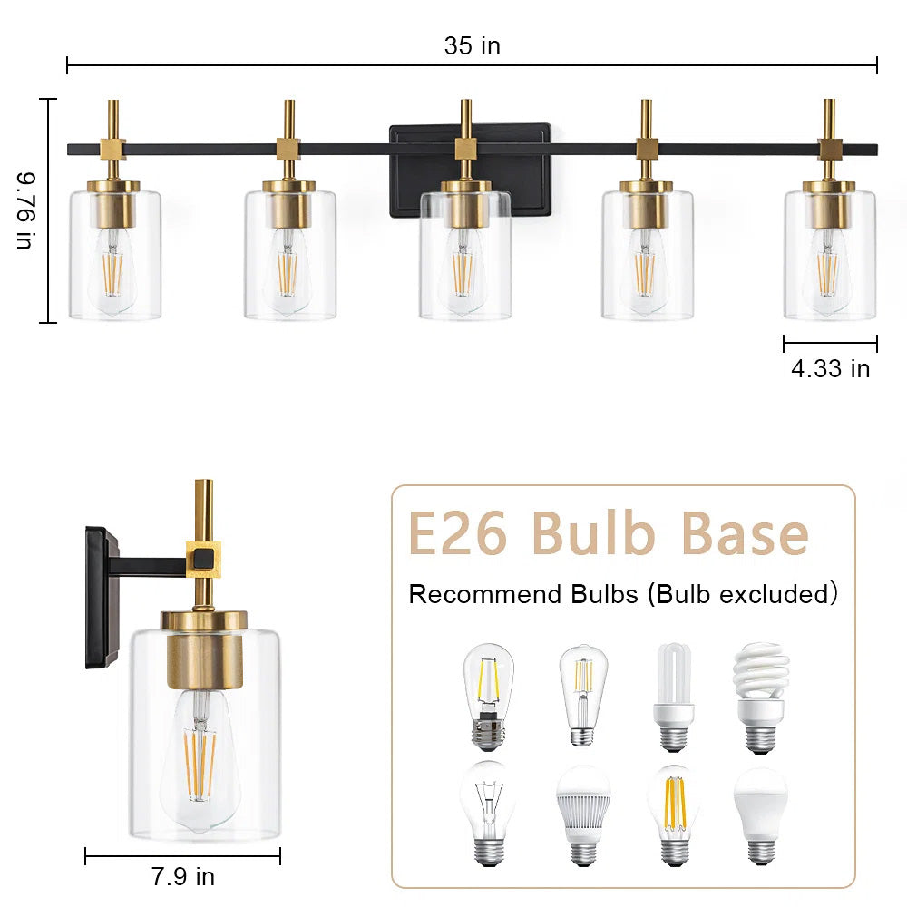 Jasper Black & Gold Clear Glass 5-Light Bathroom Vanity Light