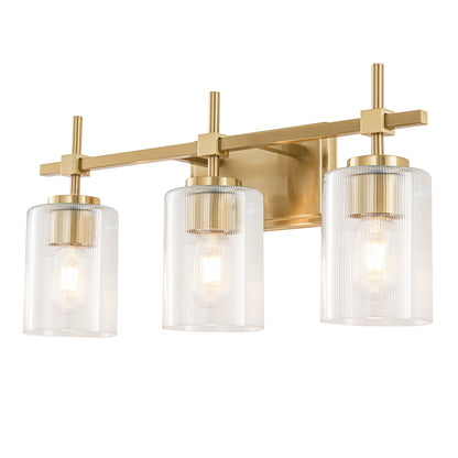 Vanity Light 3-Light Gold Bathroom with Ribbed Clear Glass
