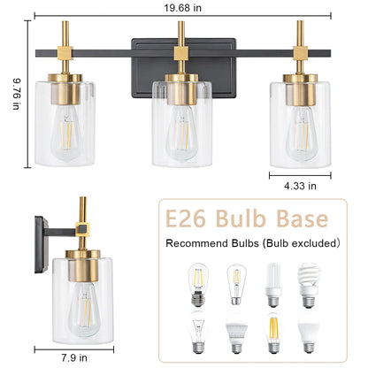 Jasper Black & Gold Clear Glass 3-Light Bathroom Vanity Light