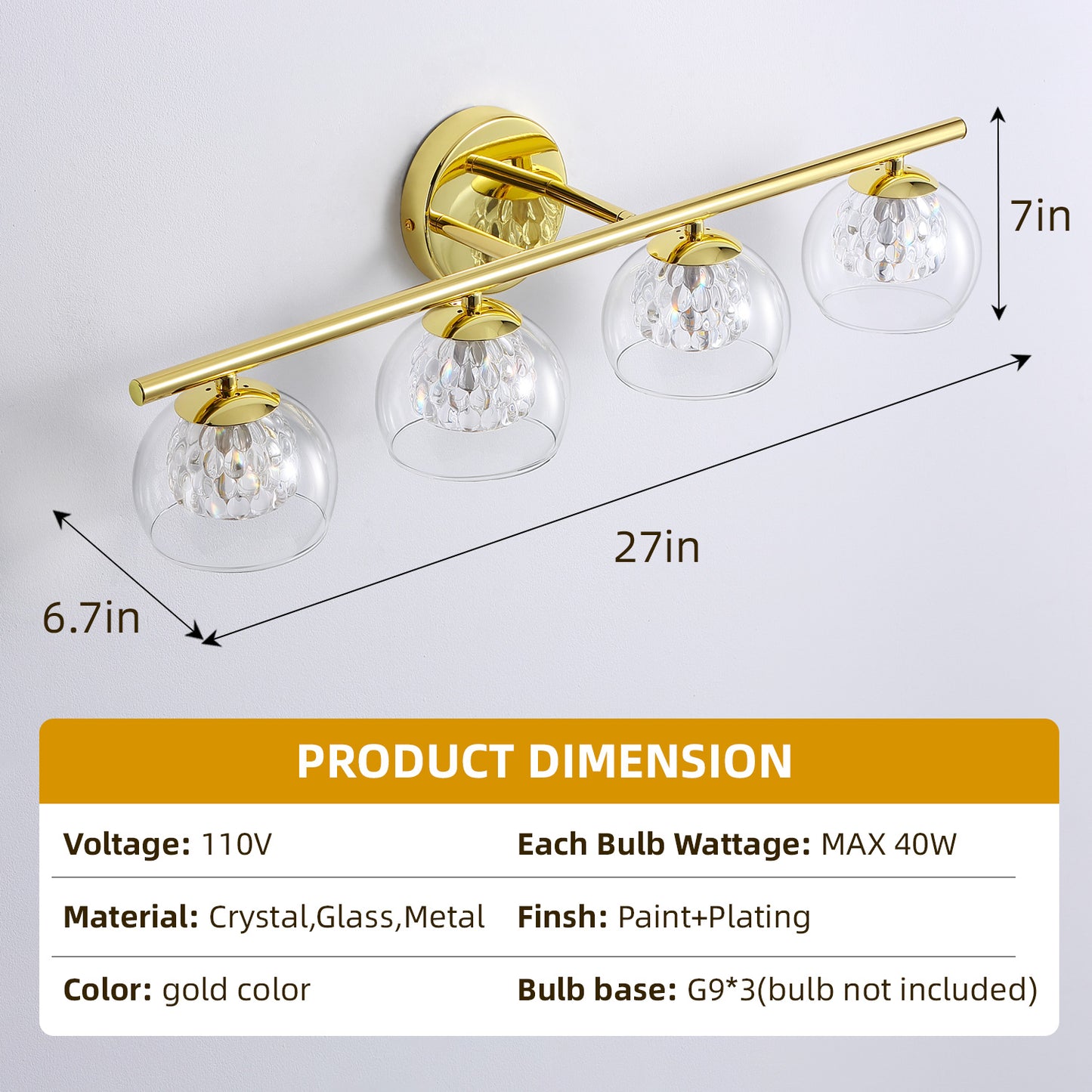 4-Light Gold Crystal Vanity Light – Modern Bathroom Fixture with Inner Crystal Shade