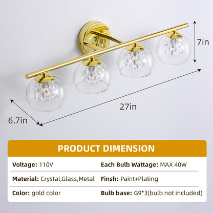 4-Light Gold Crystal Vanity Light – Modern Bathroom Fixture with Inner Crystal Shade