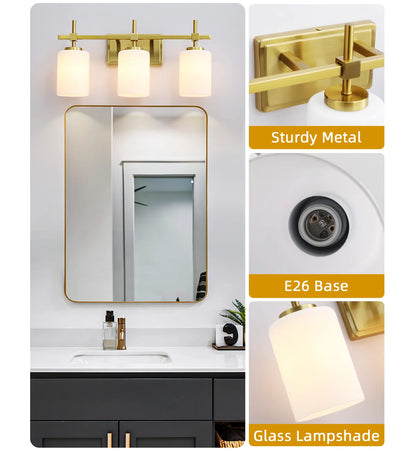 Jasper Gold Traditional Frosted Glass 3-Light Bathroom Vanity Light