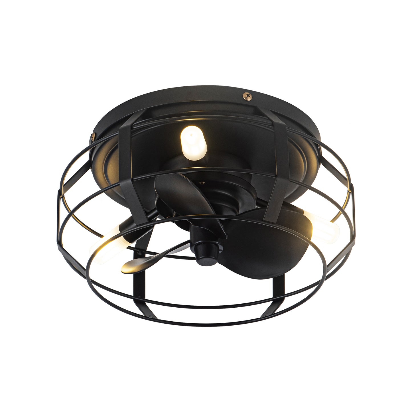 12" Low Profile 3-Blade Black Cage Ceiling Fan with Light & Remote | Flush Mount Modern Farmhouse Indoor Fan
