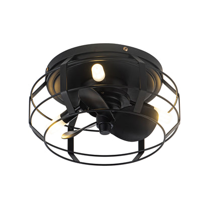 12" Low Profile 3-Blade Black Cage Ceiling Fan with Light & Remote | Flush Mount Modern Farmhouse Indoor Fan