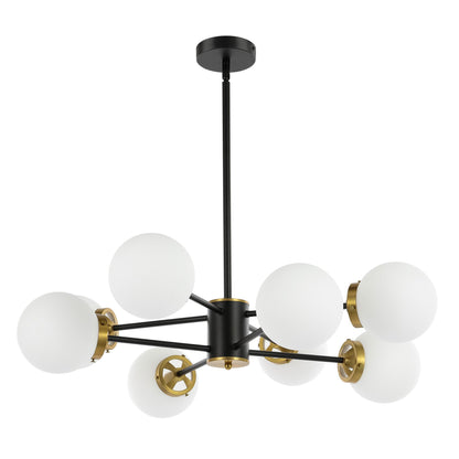 Modern Chandelier Sputnik Black Brass 8-Light Opal Glass 32"