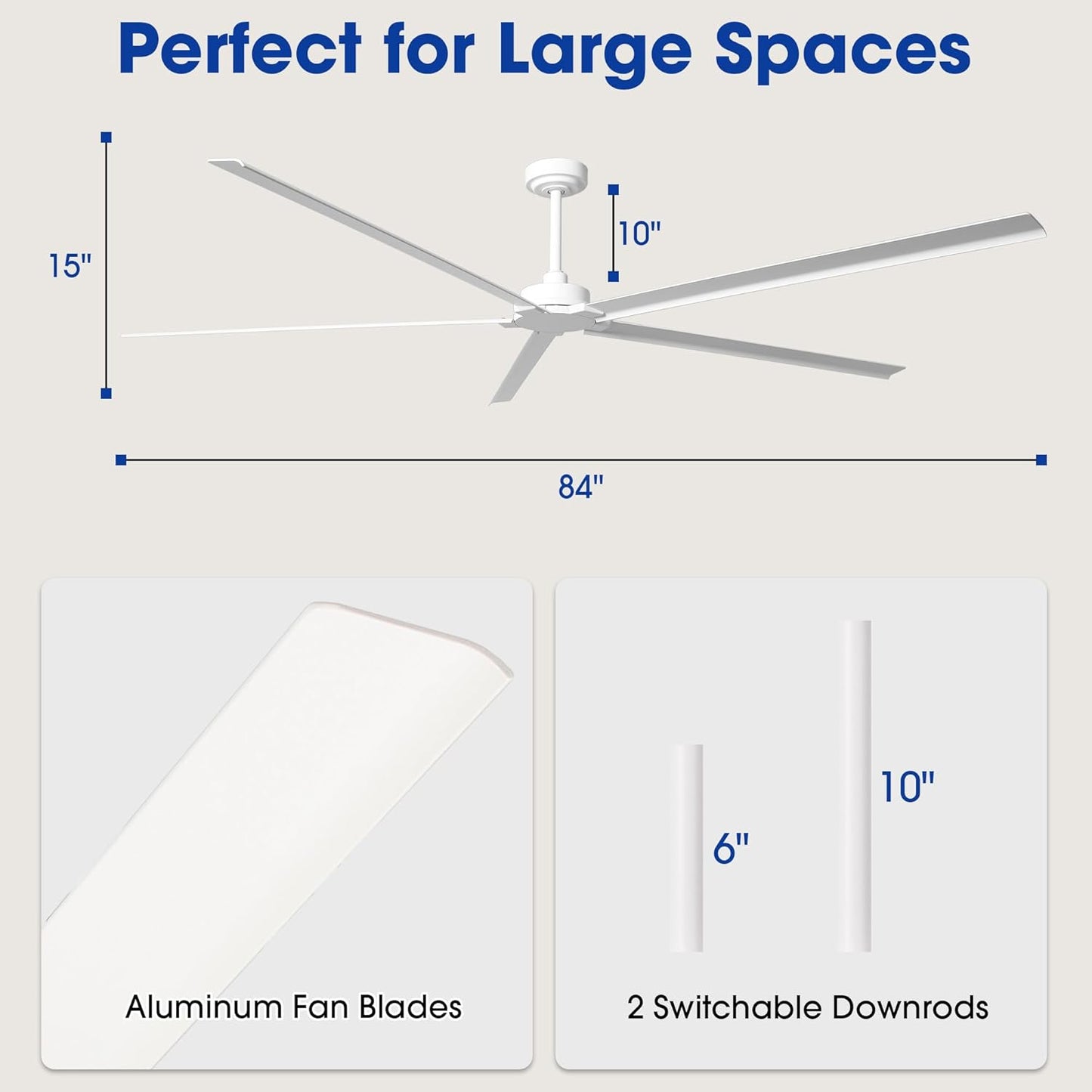Ceiling Fan 84" Industrial 5-Blade White IPX4 Outdoor Use