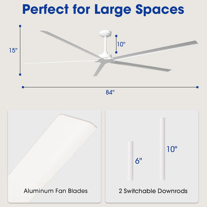 Ceiling Fan 84" Industrial 5-Blade White IPX4 Outdoor Use