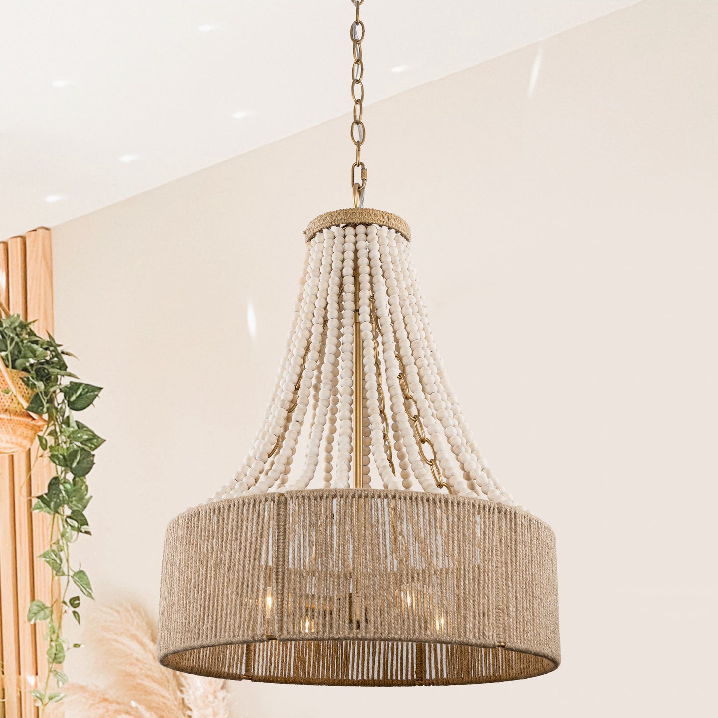 4-Light Golden Farmhouse Wood Bead Chandelier
