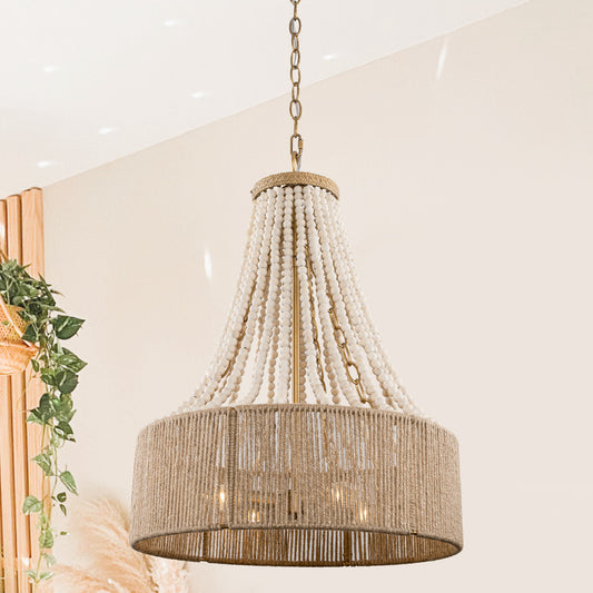 4-Light Golden Farmhouse Wood Beed Chandelier