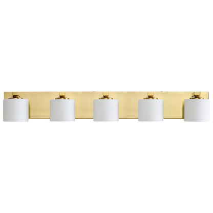 5-Light Gold Vanity Light – Modern Bathroom Wall Fixture with Etched Opal Glass