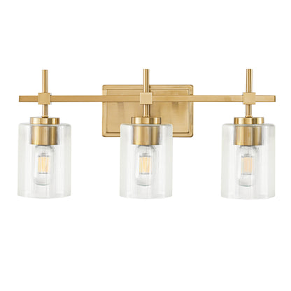 Vanity Light 3-Light Gold Bathroom with Ribbed Clear Glass