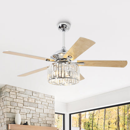 52" Crystal Ceiling Fan with Light & Remote – Chrome 5-Blade, DC Motor, Large Room