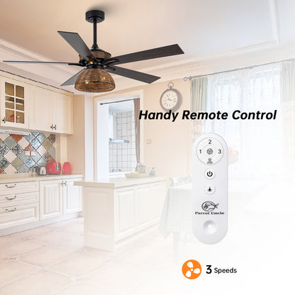 BreezeLite 52" Farmhouse Matte Black Rattan Ceiling Fan