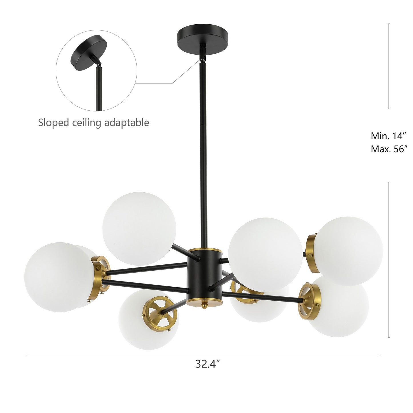 Modern Chandelier Sputnik Black Brass 8-Light Opal Glass 32"