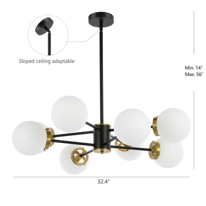 Modern Chandelier Sputnik Black Brass 8-Light Opal Glass 32"