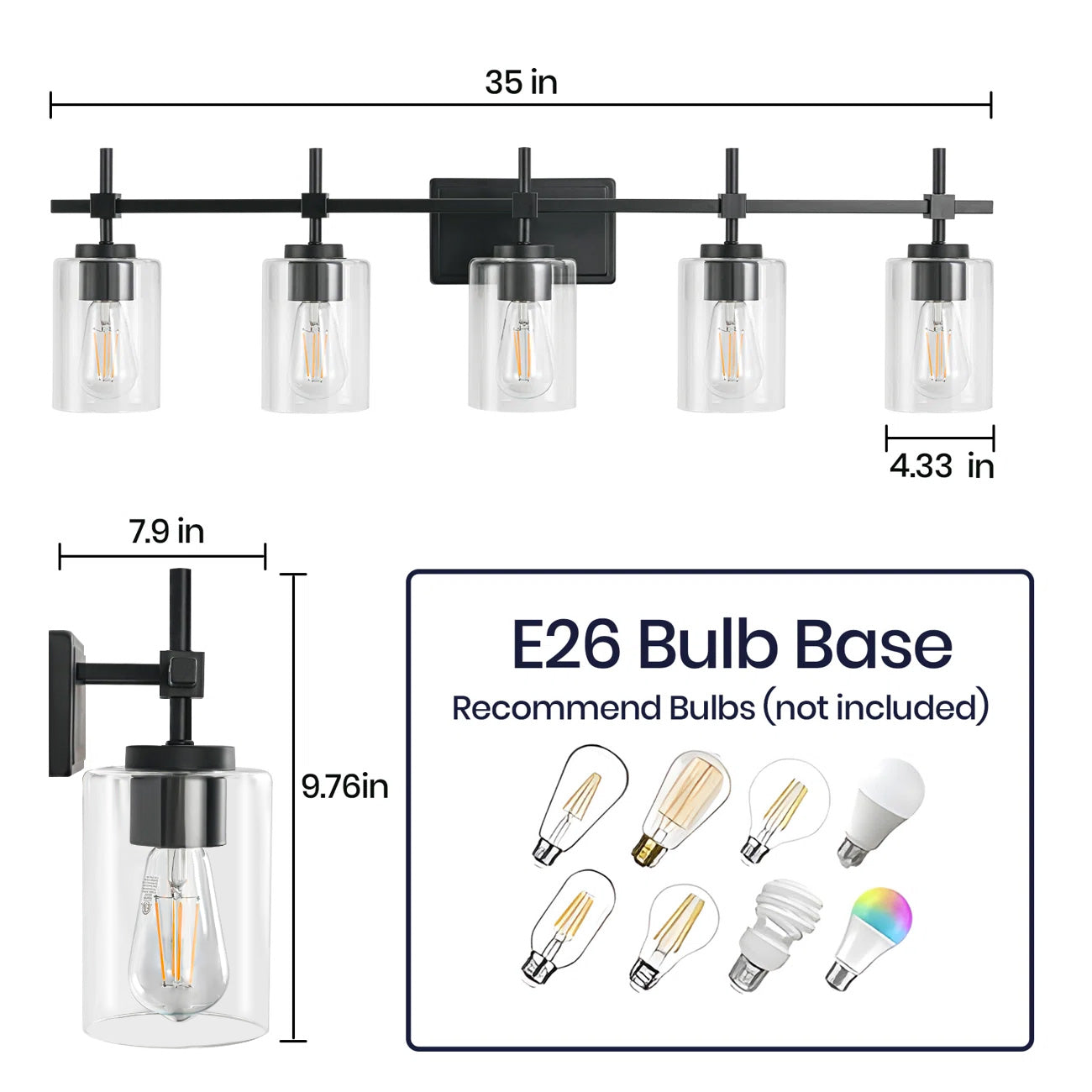 Jasper Black Clear Glass 5-Light Bathroom Vanity Light