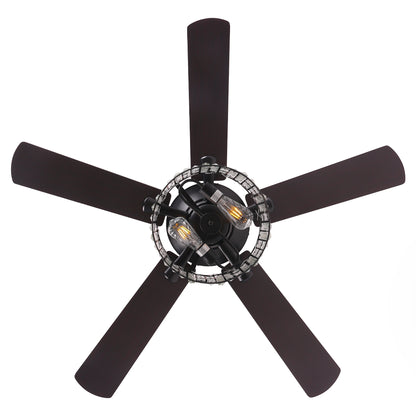 52" Crystal Ceiling Fan with Light & Remote – Black 5-Blade, DC Motor, Large Room