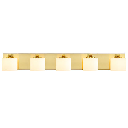 5-Light Gold Vanity Light – Modern Bathroom Wall Fixture with Etched Opal Glass
