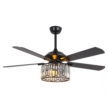 52" Crystal Ceiling Fan with Light & Remote – Black 5-Blade, DC Motor, Large Room