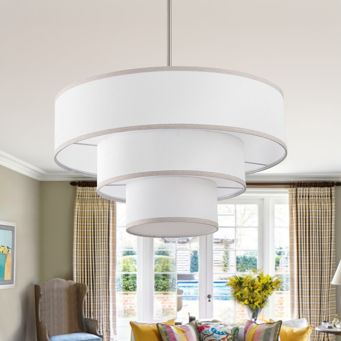 Modern Chandelier 24" 5-Light Nickel Tiered Drum Linen Shade