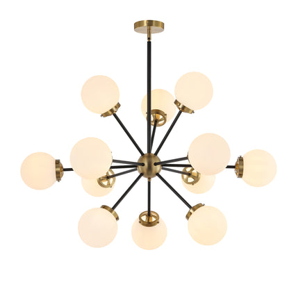 Modern Chandelier Sputnik Black Brass 12-Light Opal Glass