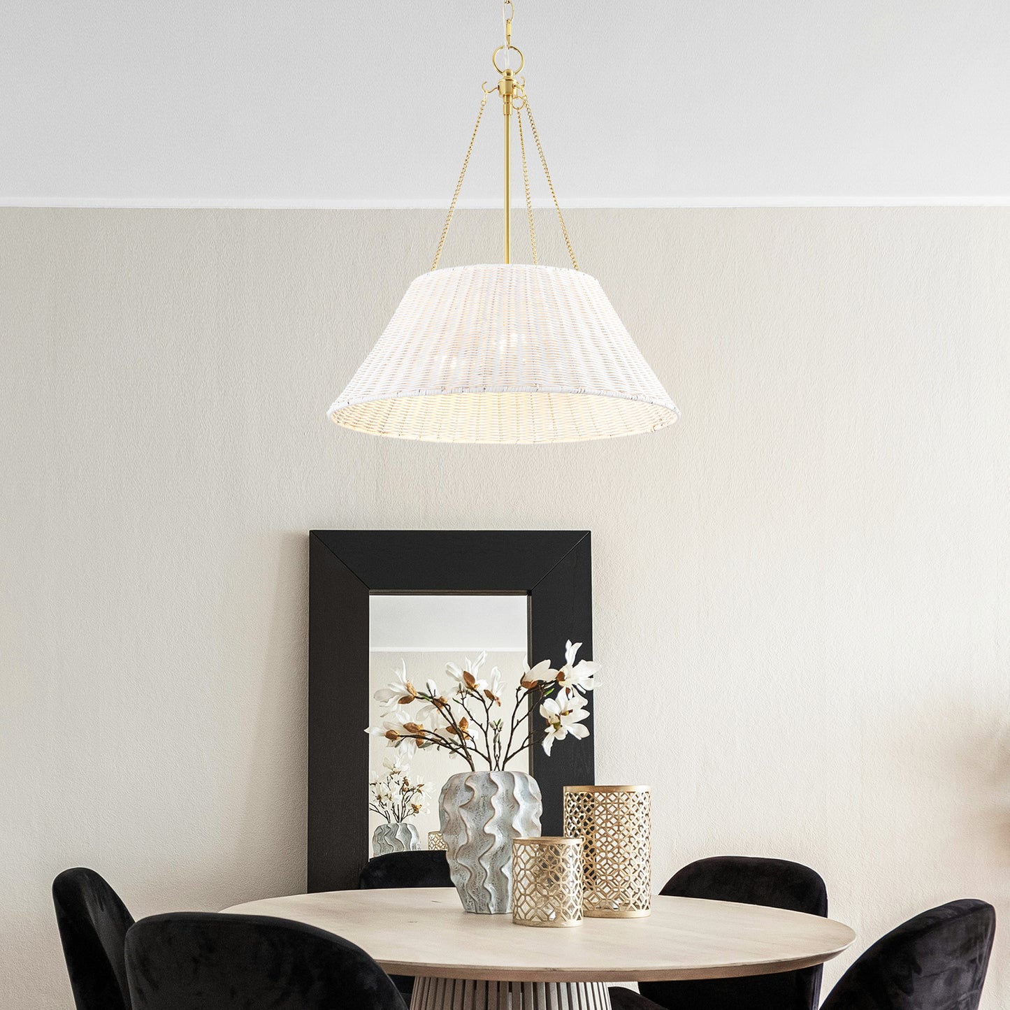 Farmhouse Chandelier 22" 3-Light Brass White Rattan Shade