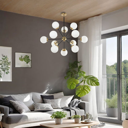 Modern Chandelier Sputnik Black Brass 12-Light Opal Glass