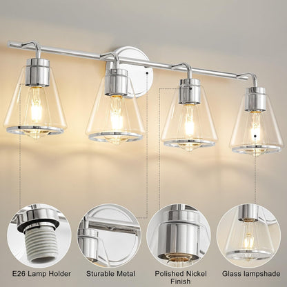 4-Light Chrome Bathroom Vanity Light with Clear Glass – Modern Wall Light Fixture