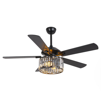 52" Crystal Ceiling Fan with Light & Remote – Black 5-Blade, DC Motor, Large Room