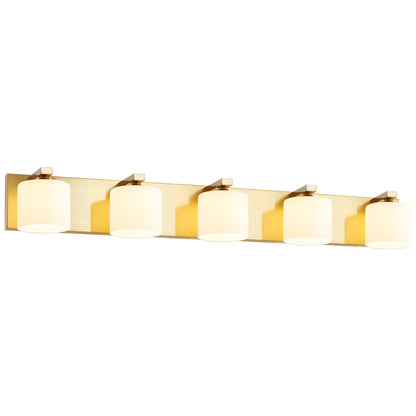 5-Light Gold Vanity Light – Modern Bathroom Wall Fixture with Etched Opal Glass