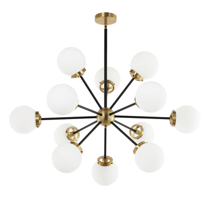 Modern Chandelier Sputnik Black Brass 12-Light Opal Glass