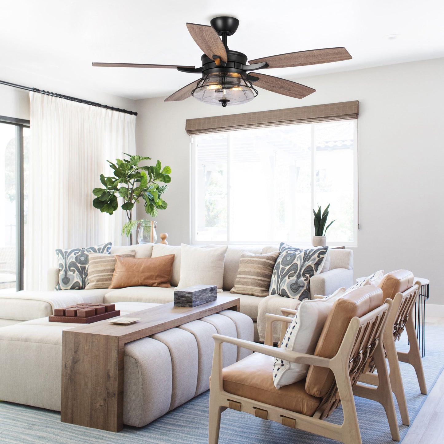 52" 5-Blade 2-Light Industrial Reversible Ceiling Fan with Light