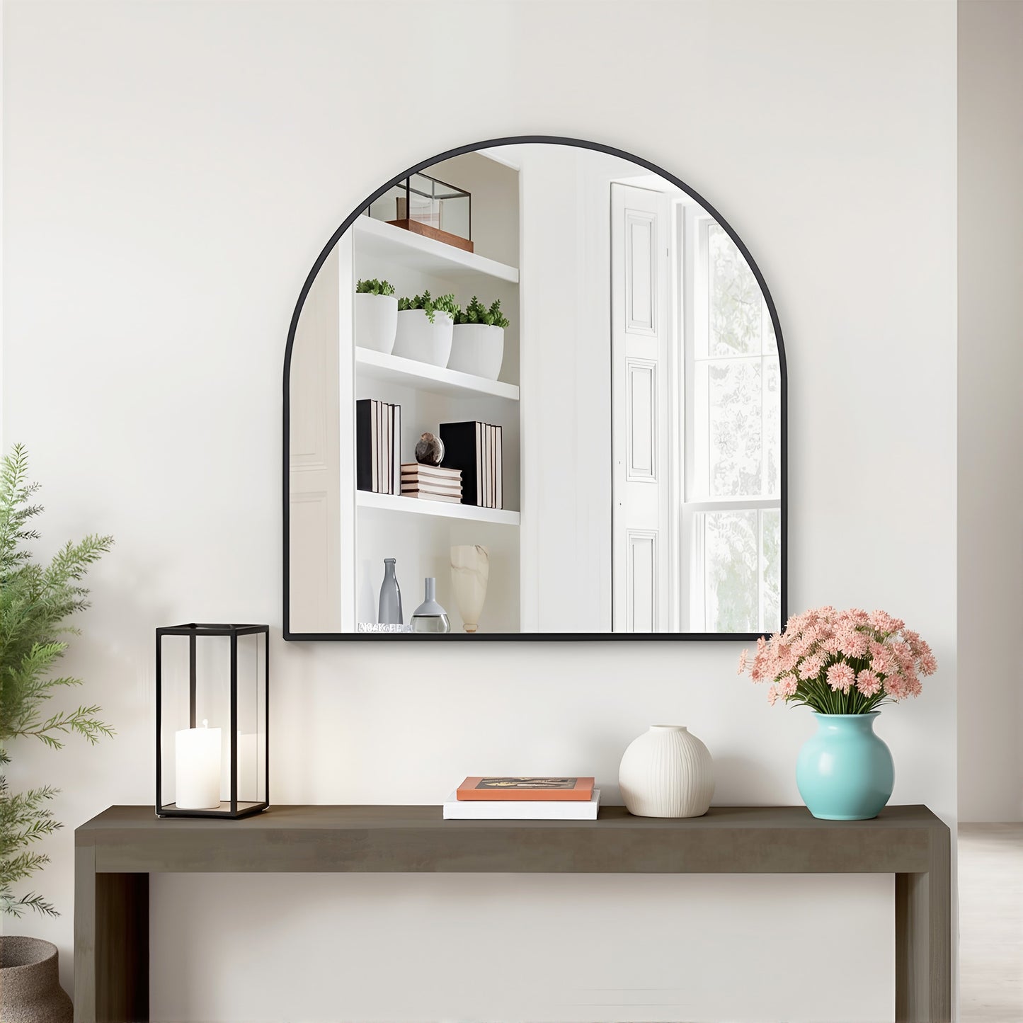 Wall Mirror 30x30" Modern Black Framed Arched Design