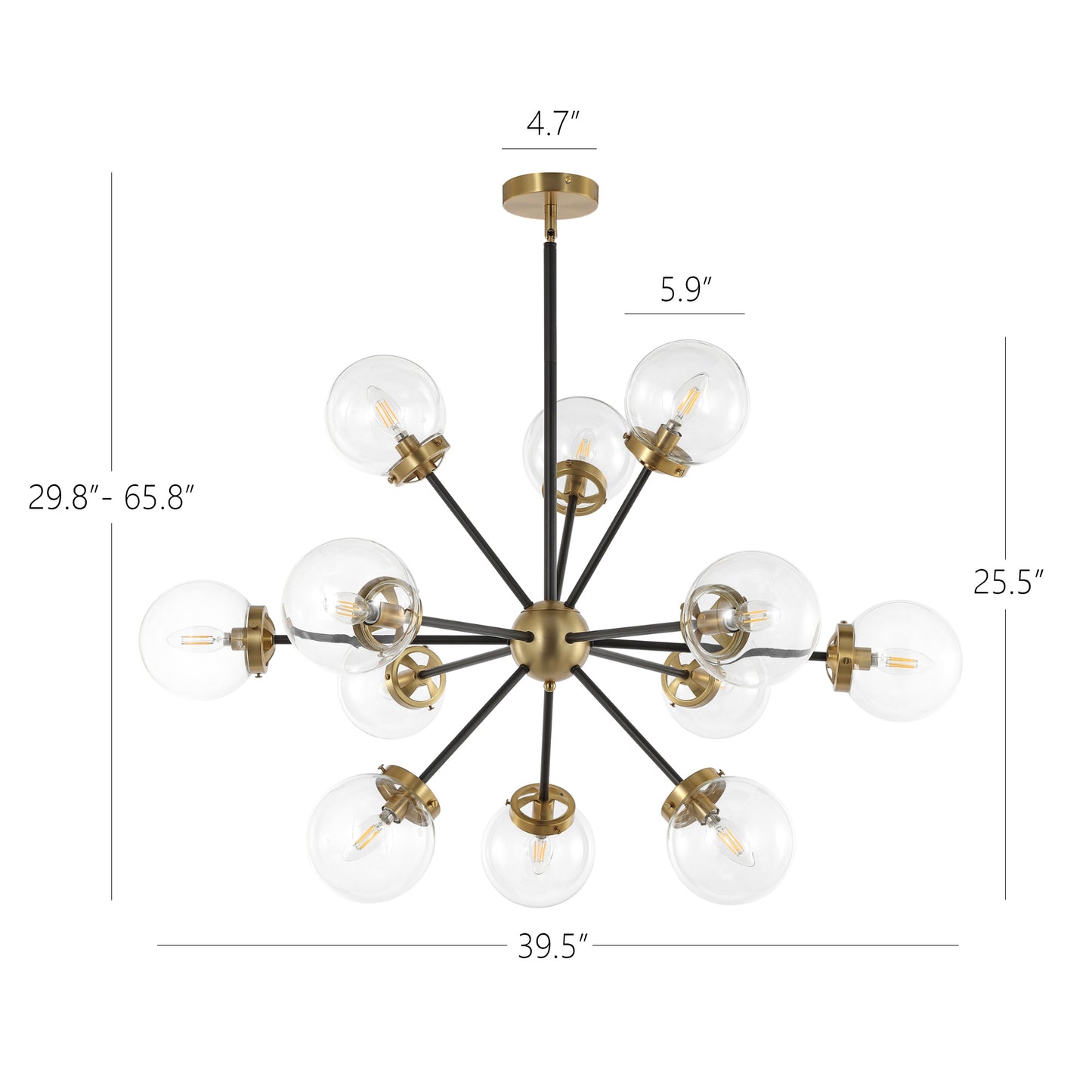 Modern Chandelier Sputnik Black Brass 12-Light Glass 39"