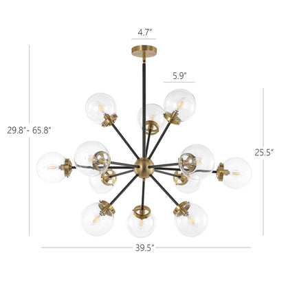 Modern Chandelier Sputnik Black Brass 12-Light Glass 39"