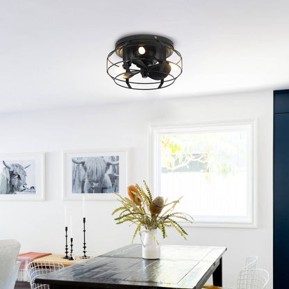 12" Low Profile 3-Blade Black Cage Ceiling Fan with Light & Remote | Flush Mount Modern Farmhouse Indoor Fan