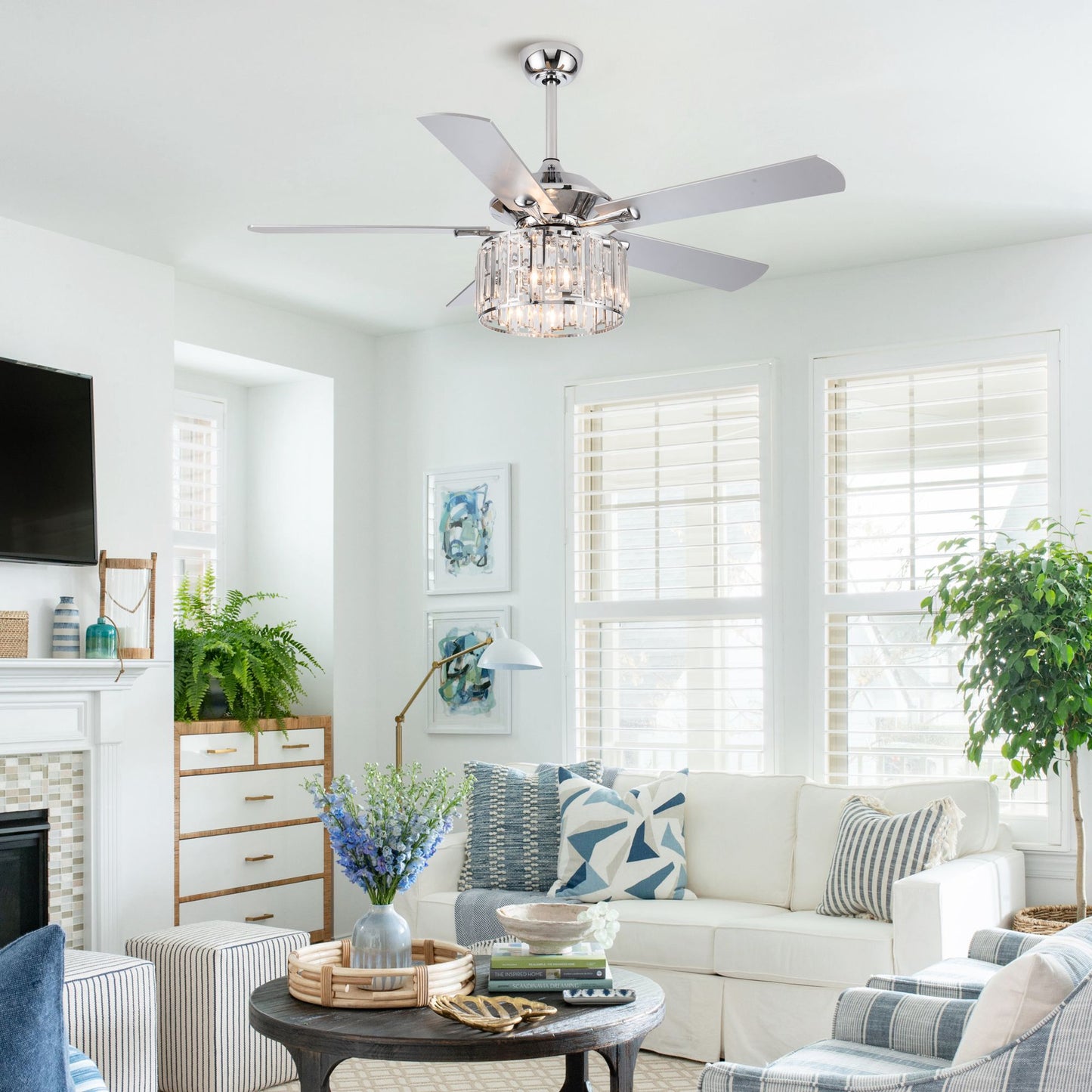 52" Crystal Ceiling Fan with Light & Remote – Chrome 5-Blade, DC Motor, Large Room