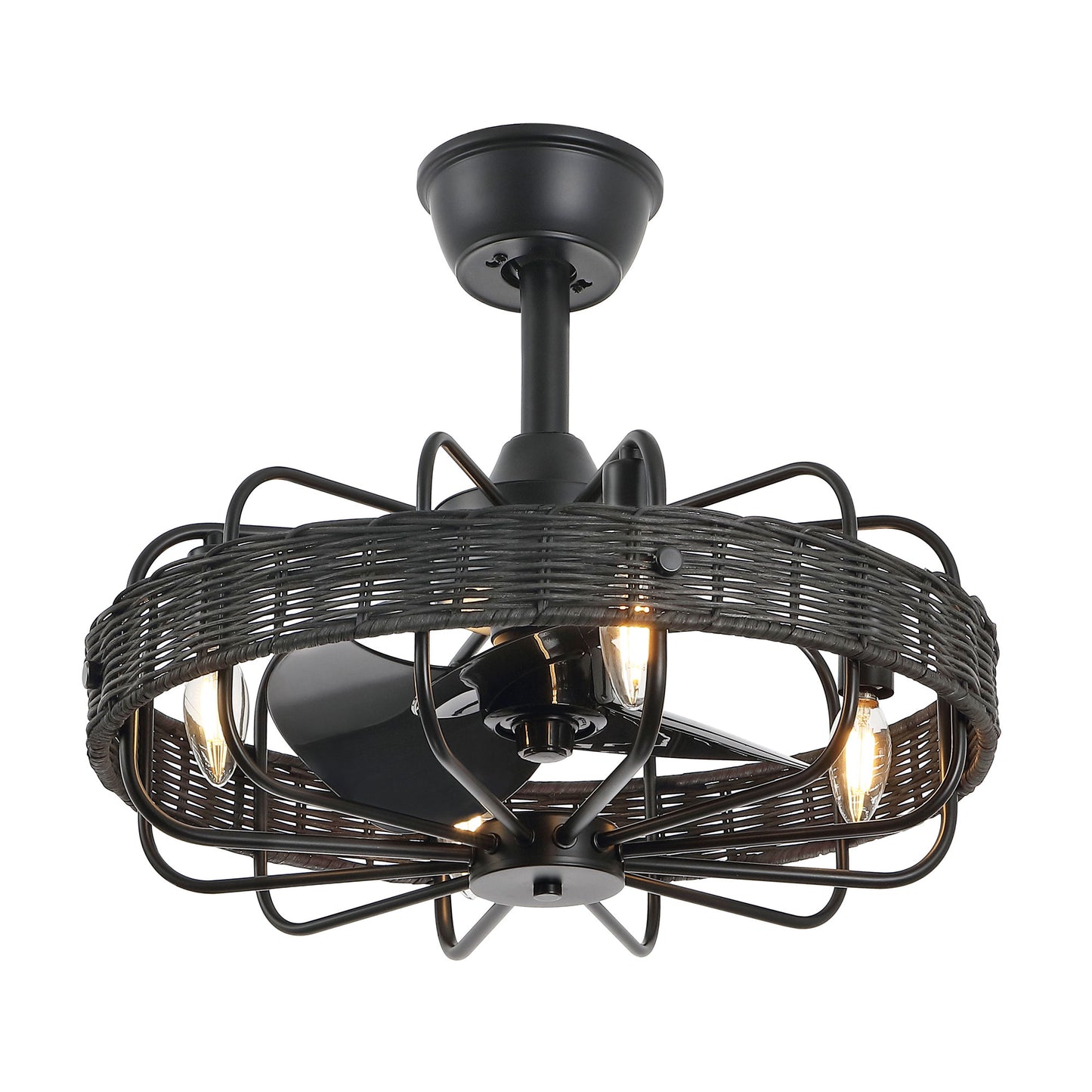 18" Black Rattan Fandelier Ceiling Fan with Light – Semi Flush Mount with Remote