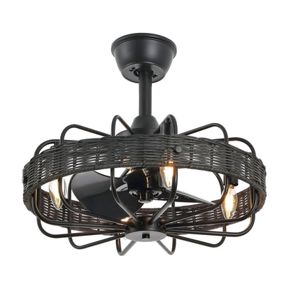 18" Black Rattan Fandelier Ceiling Fan with Light – Semi Flush Mount with Remote