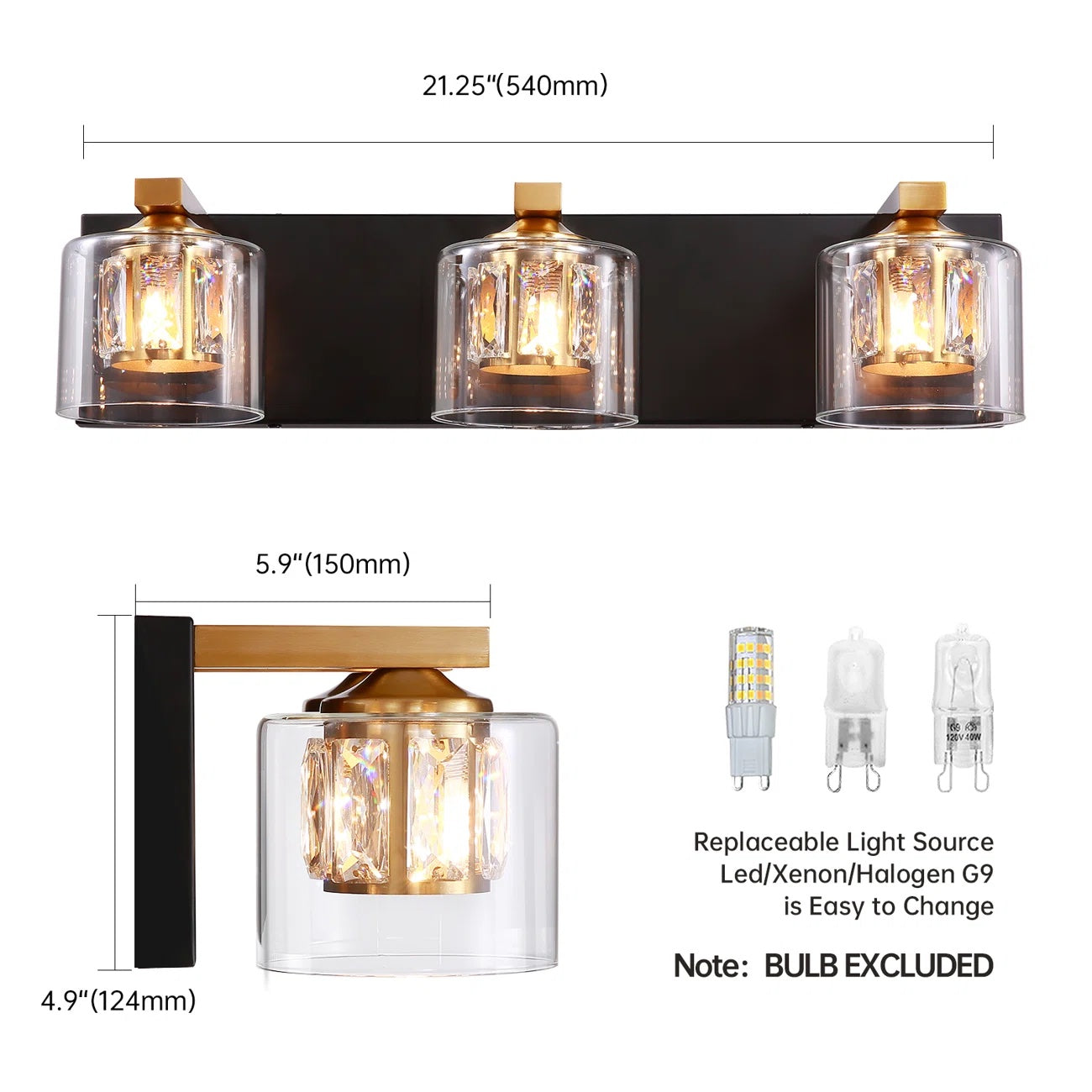 Kolt Black & Gold Traditional 3-Light Bathroom Vanity Light