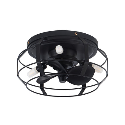 12" Low Profile 3-Blade Black Cage Ceiling Fan with Light & Remote | Flush Mount Modern Farmhouse Indoor Fan