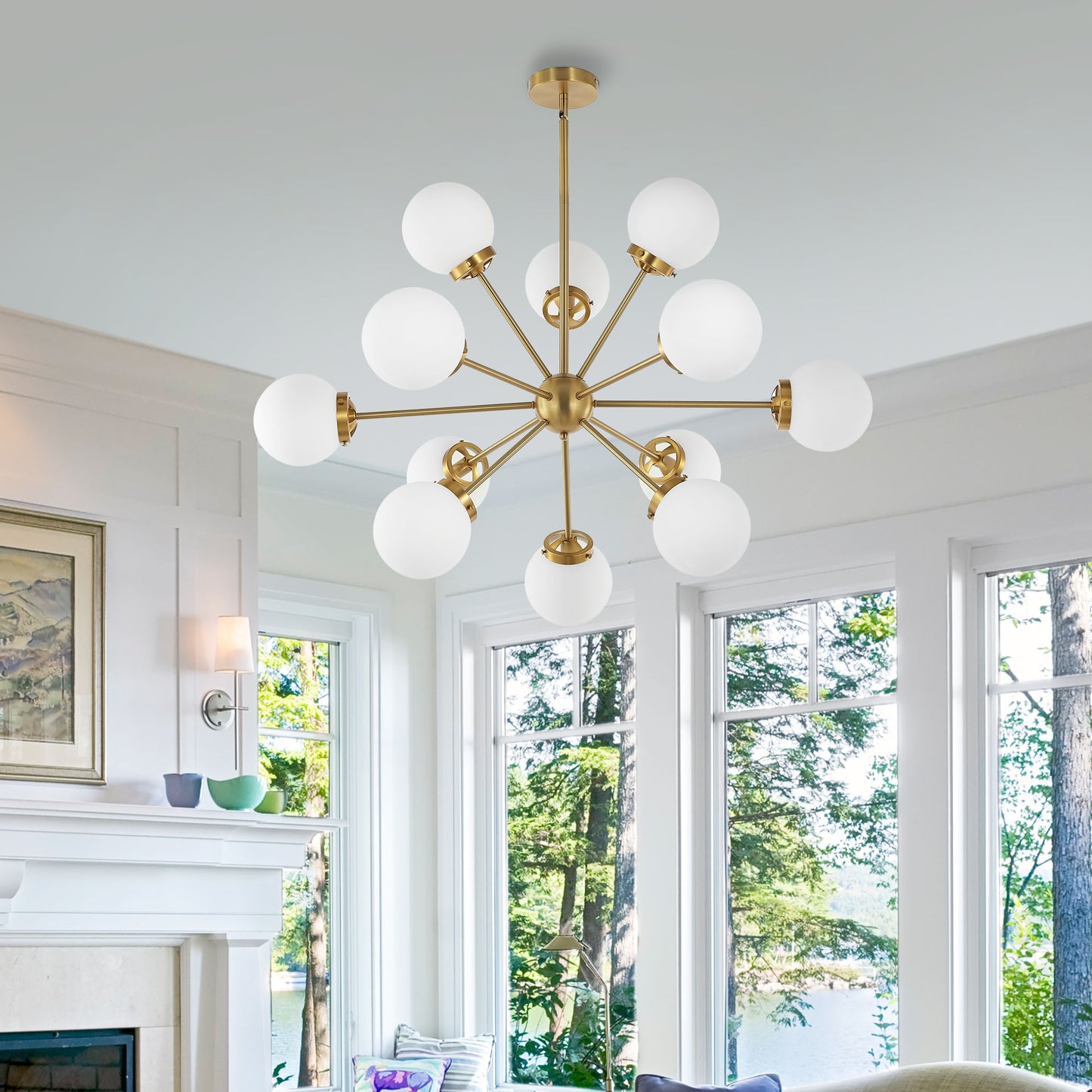 Modern Chandelier Sputnik Brass 12-Light Opal Glass 39"