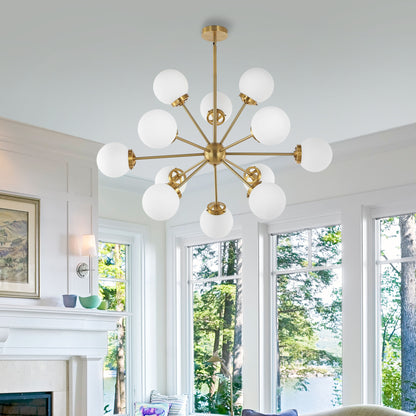 Modern Chandelier Sputnik Brass 12-Light Opal Glass 39"