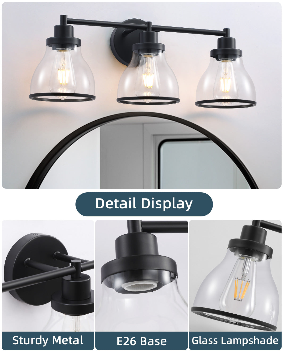 Hermosa Black 3-Light Bathroom Vanity Light