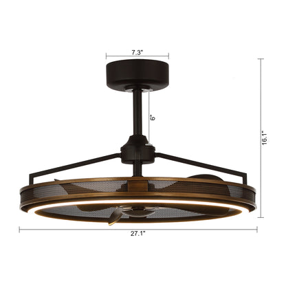 27" Modern Cage Ceiling Fan with Light & Remote – Matte Black, Quiet DC Motor, 3000K LED