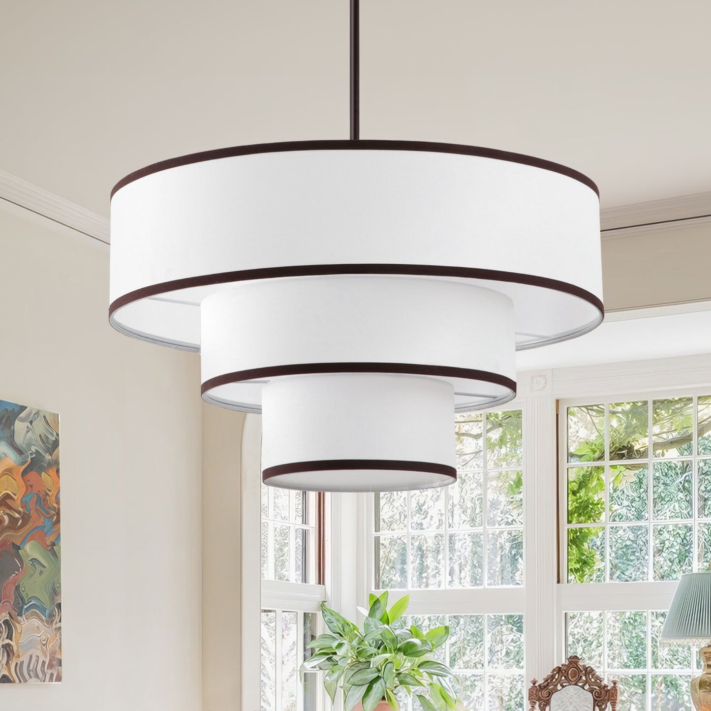 Modern Chandelier 24" 5-Light Bronze Tiered Drum Linen Shade